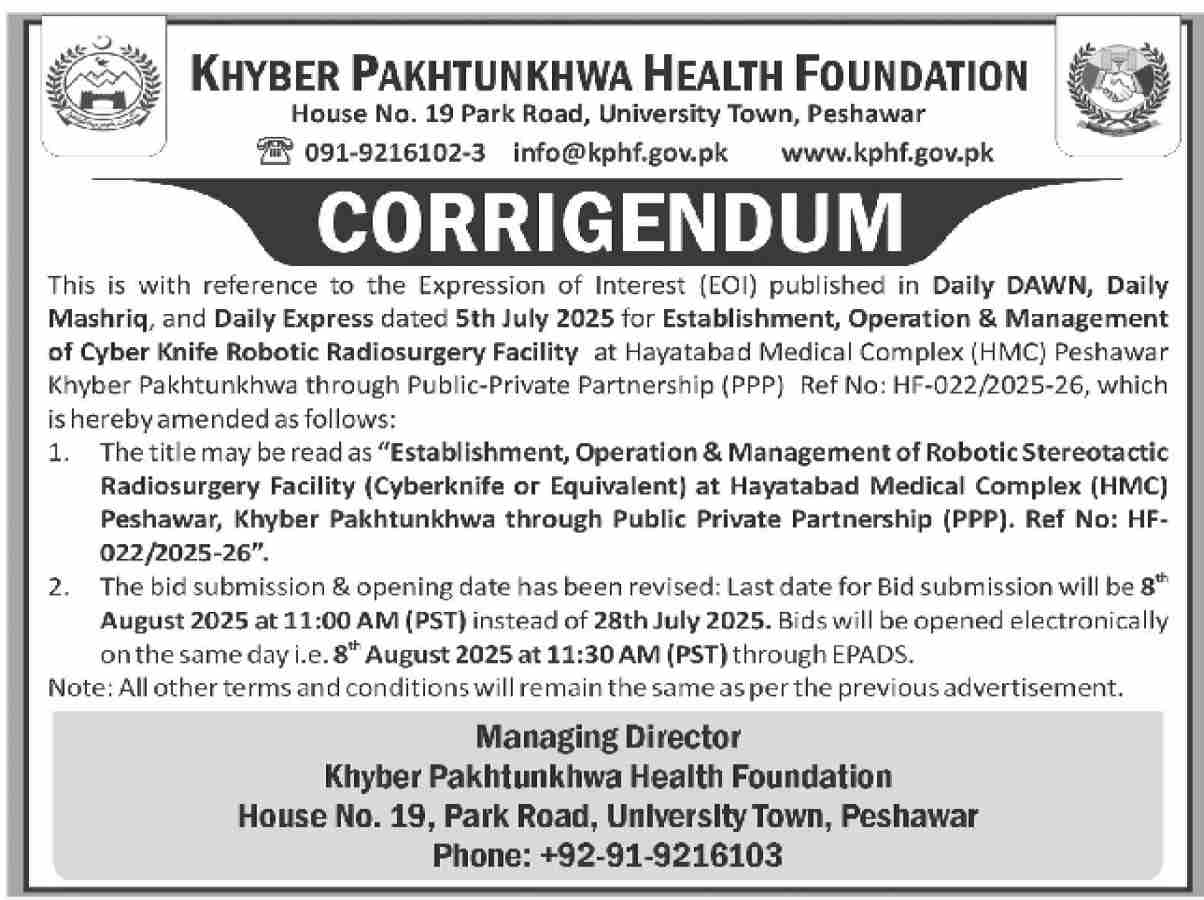 Khyber Pakhtunkhwa Health Foundation Peshawar Tender Notice